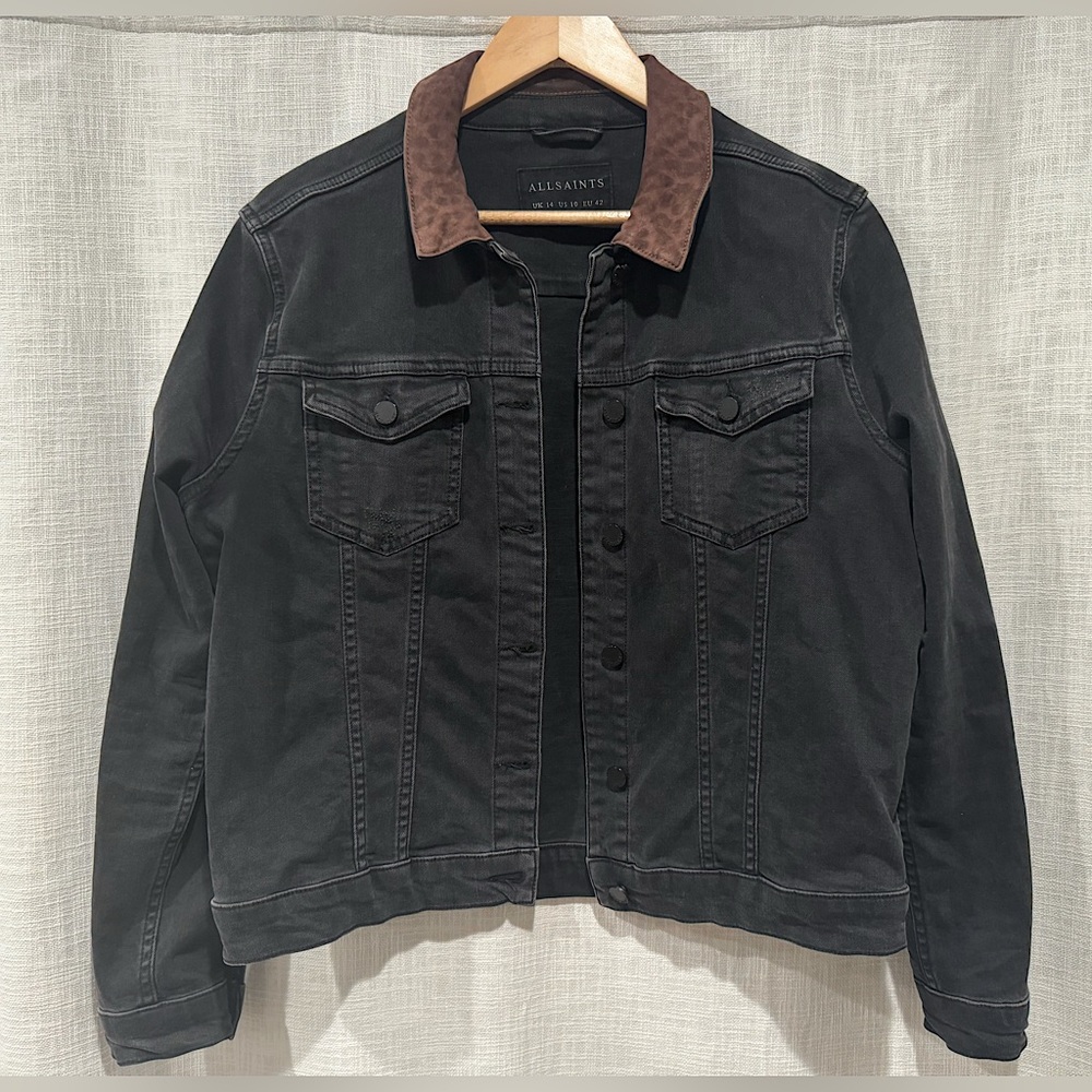 ALLSAINTS Distressed Black Jean Jacket w/ faded Leopard Print Suede Collar